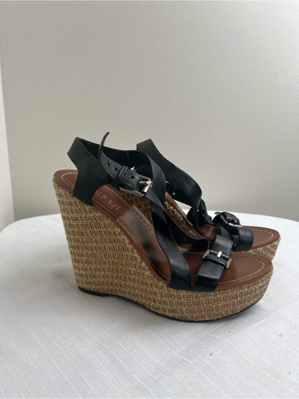 Lauren Ralph Lauren Dover Black Leather Wedge Sandals with Woven Platform